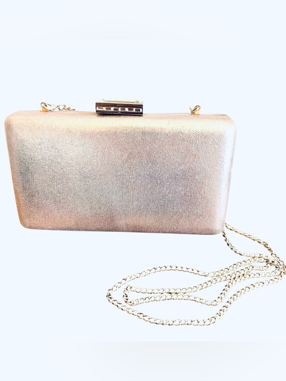 Nordstrom Metallic Gold Gilded Box Clutch Evening Bag Crystal Clasp Chain